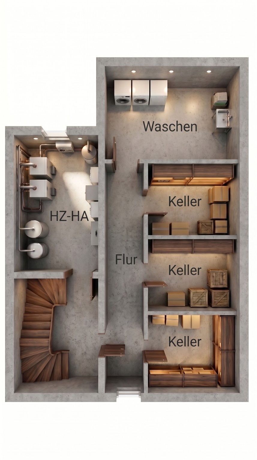 Grundriss des Kellergeschosses mit Kellerabteilen und Technikraum